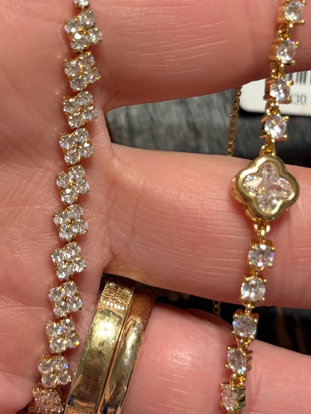 Gold-Plated Cubic Zirconia Clover Tennis Pull String Bracelet - Gold